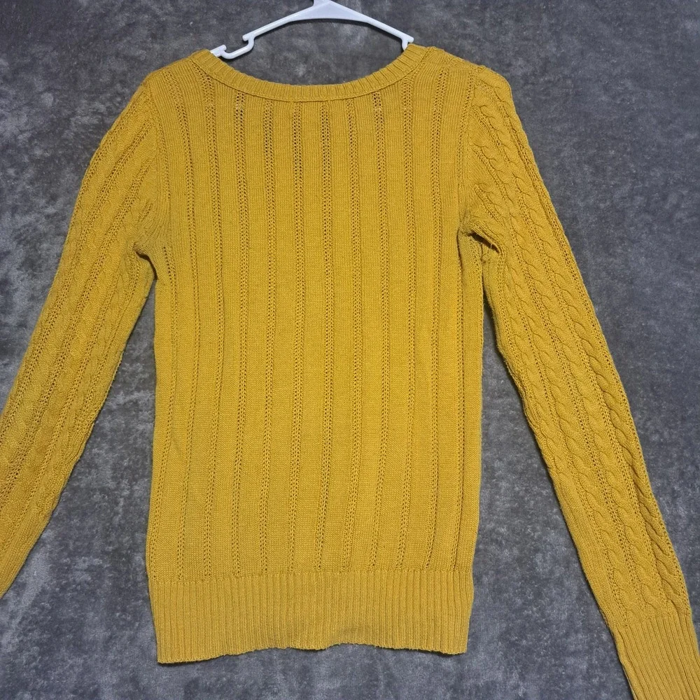 Arizona Jean Co Mustard Yellow V-Neck Cable Knit Sweater Medium Preppy Boho